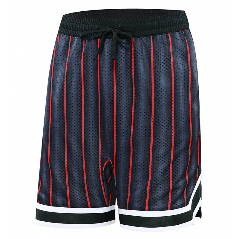 Striped loose breathable basketball shorts with red lines on dark fabric, featuring quick-dry technology and pockets for convenience. SF1632