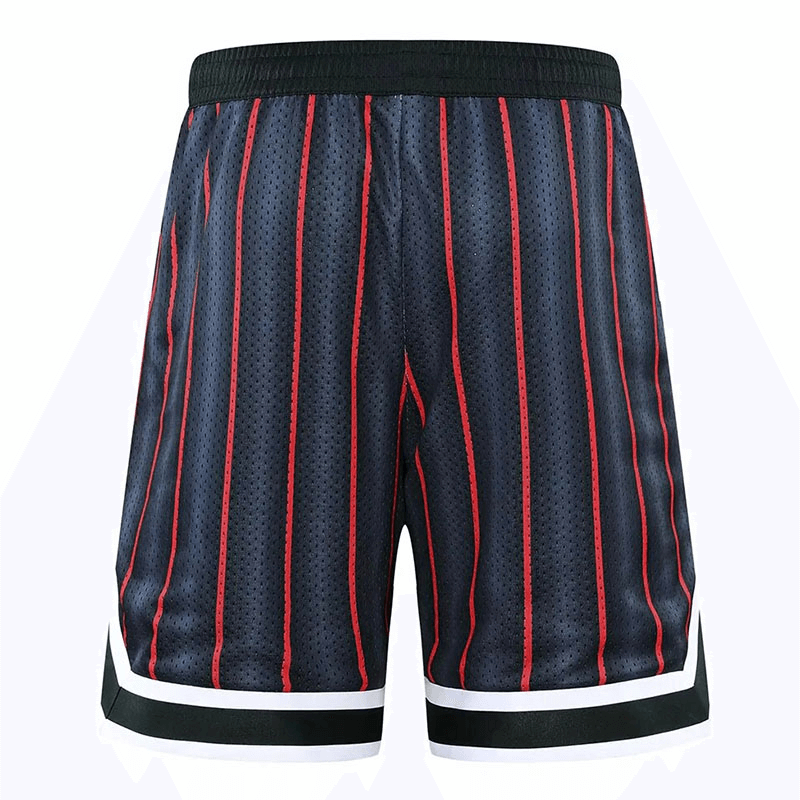 Loose breathable basketball shorts in black with red stripes, featuring pockets for convenience in SF1632 style.