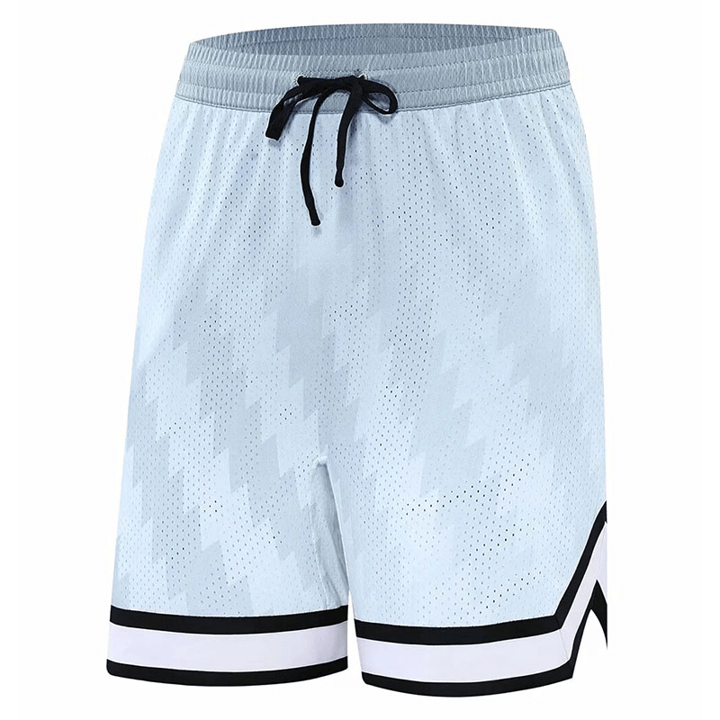 Loose breathable basketball shorts with geometric print, featuring elastic waistband and black drawstring, ideal for sports and exercise.