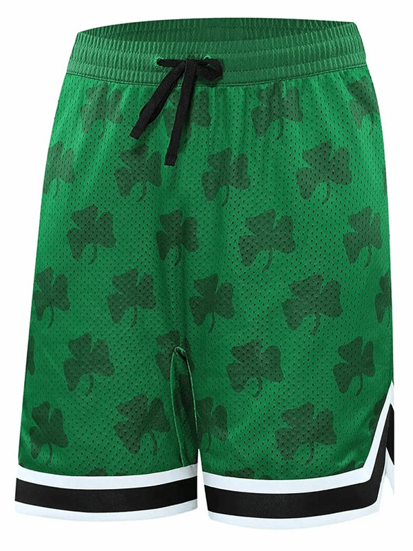 Green breathable basketball shorts with shamrock prints and striped hem, perfect for sports and workouts.