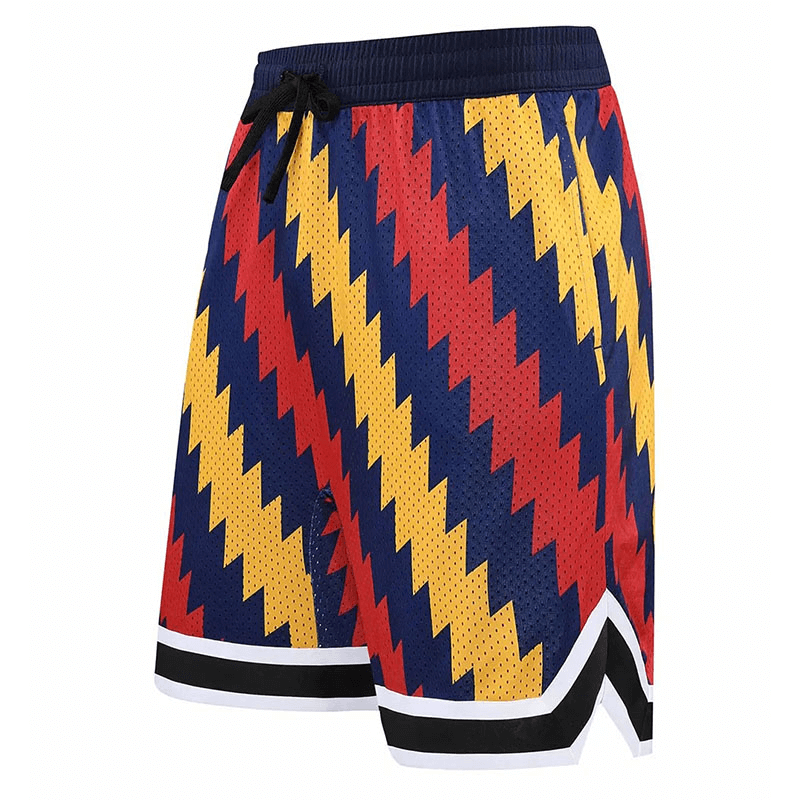 Colorful zigzag patterned breathable basketball shorts, perfect for sports and workouts, featuring quick dry fabric and convenient pockets.
