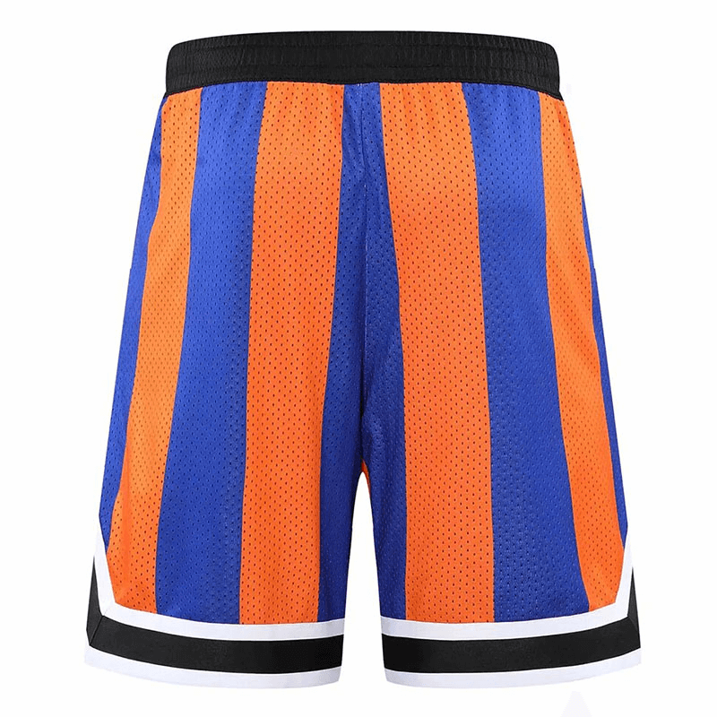 Loose breathable basketball shorts with blue and orange stripes, perfect for comfort and flexibility during sports activities.