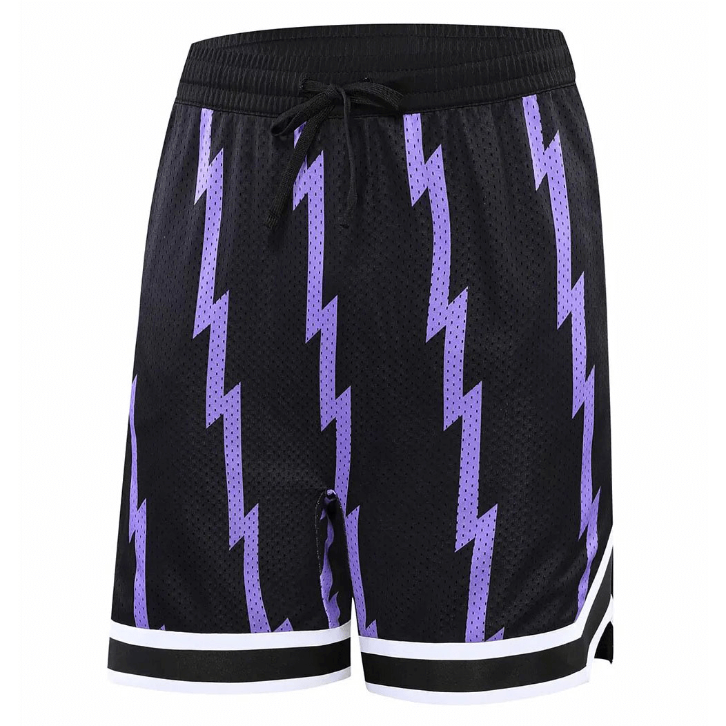 Loose breathable black basketball shorts with purple lightning print and quick-dry polyester fabric, ideal for sports activities.