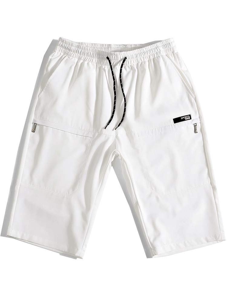 White breathable calf-length drawstring shorts for men with pockets, style SF1351. Perfect for comfort and style.