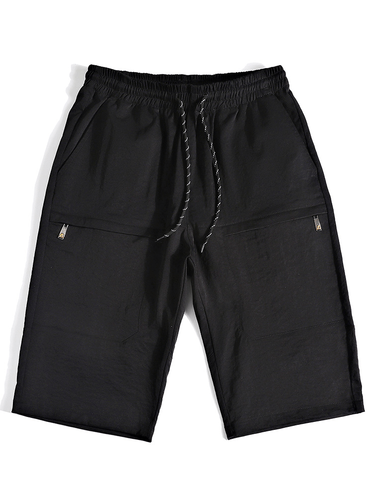 Men's black breathable drawstring calf-length shorts, SF1351, with pockets and lightweight material for comfort and style.