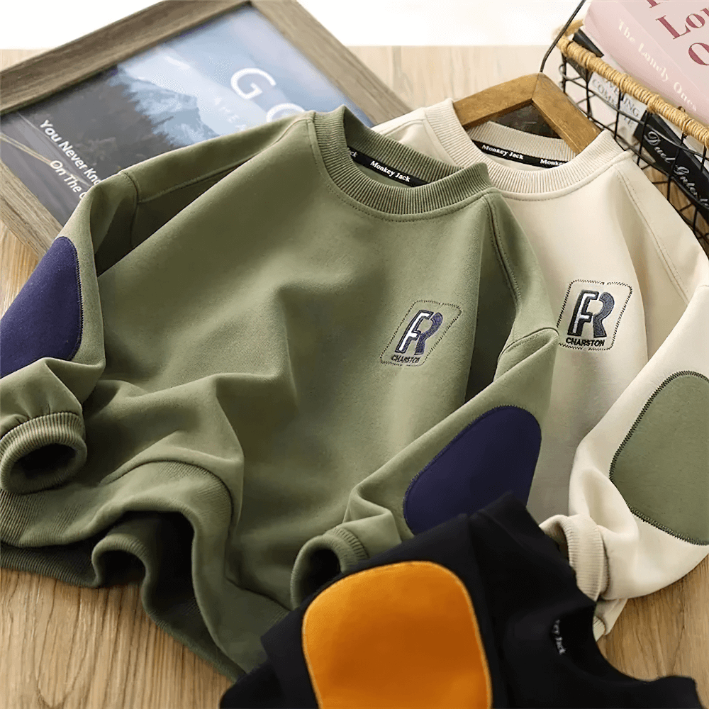 Loose Cotton Pullover with Contrast Elbow Patches for Casual Everyday Wear - Stylish and Versatile Sweatshirt SF3104