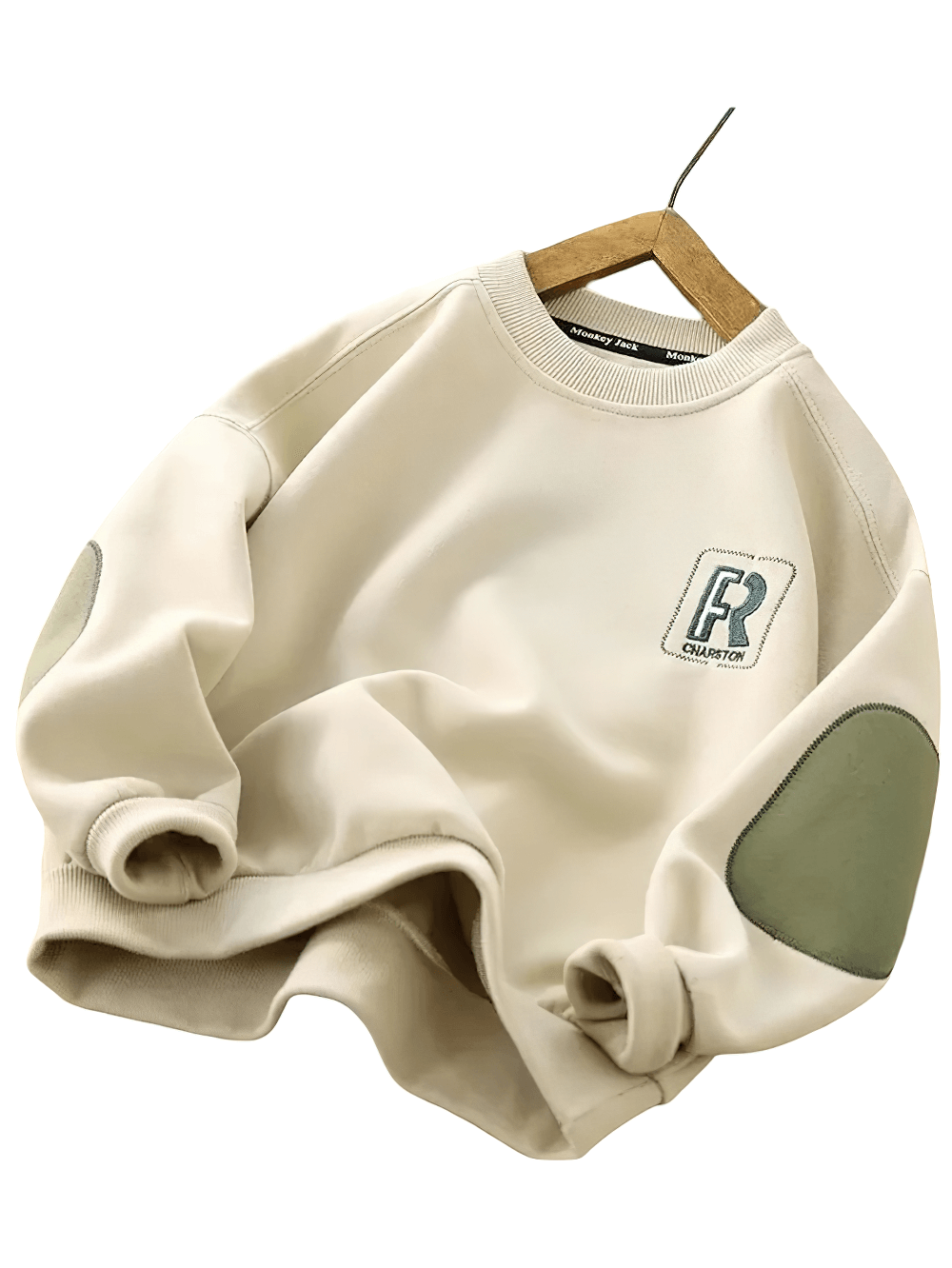 Loose cotton pullover with contrast elbow patches, stylish for casual everyday wear, SF3104 design in beige fabric.