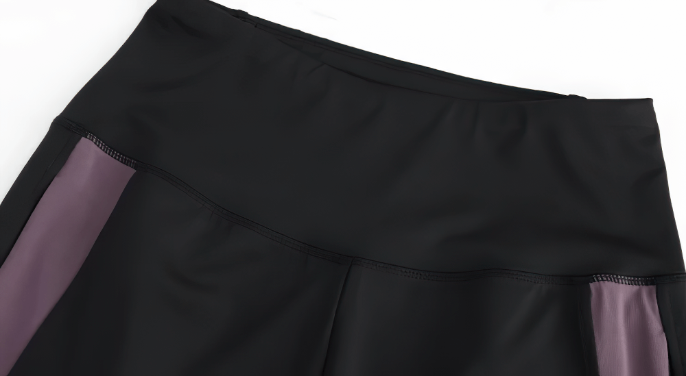 Alt Tag: Loose Fit Running Jogger Pants with Back Zip Pocket - SF4348 black running pants close-up with purple reflective side panel