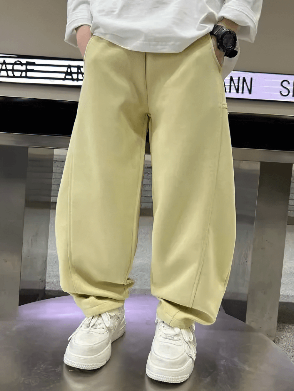 Loose Fit Sporty Cargo Pants with Elastic Waist - SF3710 in yellow, featuring a casual and comfortable design with a relaxed fit.
