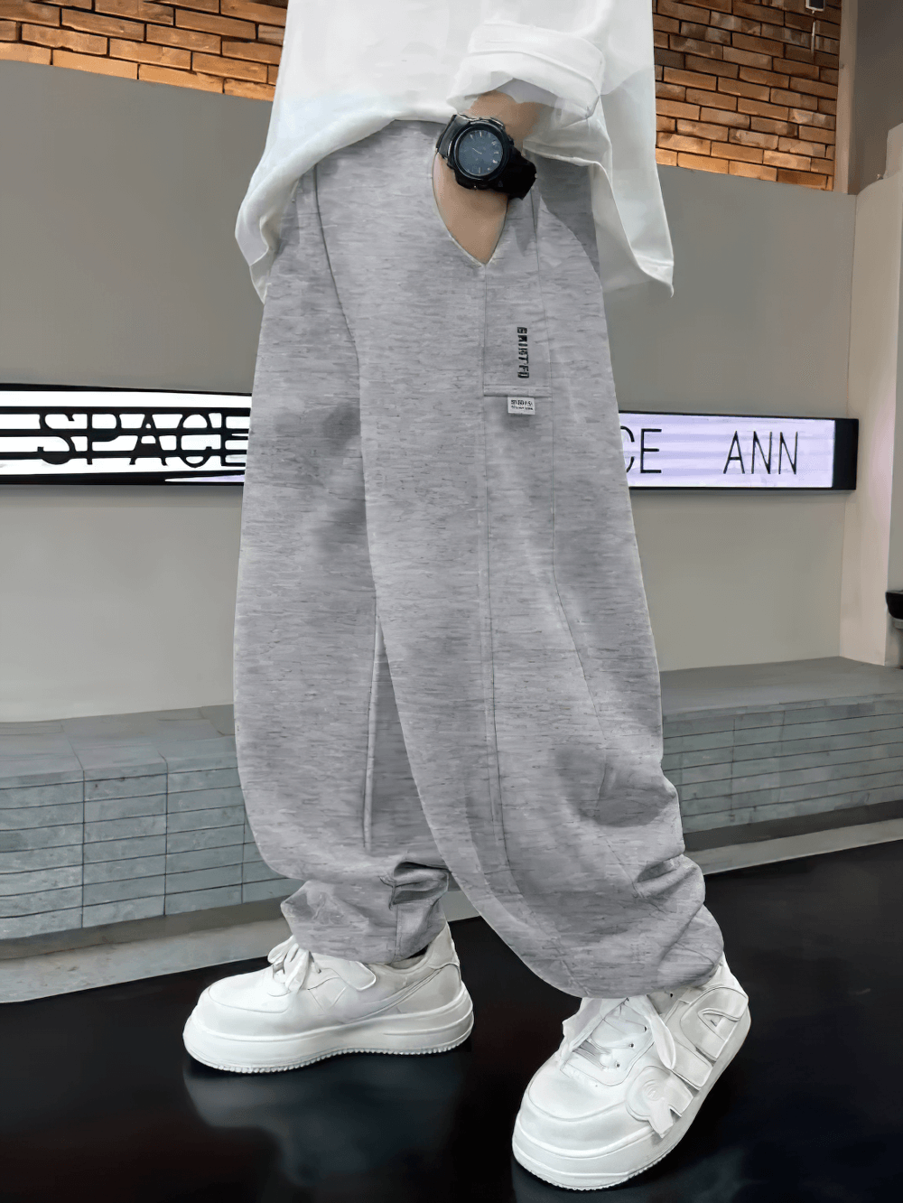 Loose Fit Sporty Cargo Pants with Elastic Waist - SF3710 in grey, featuring casual loose fit and breathable cotton material for active wear.