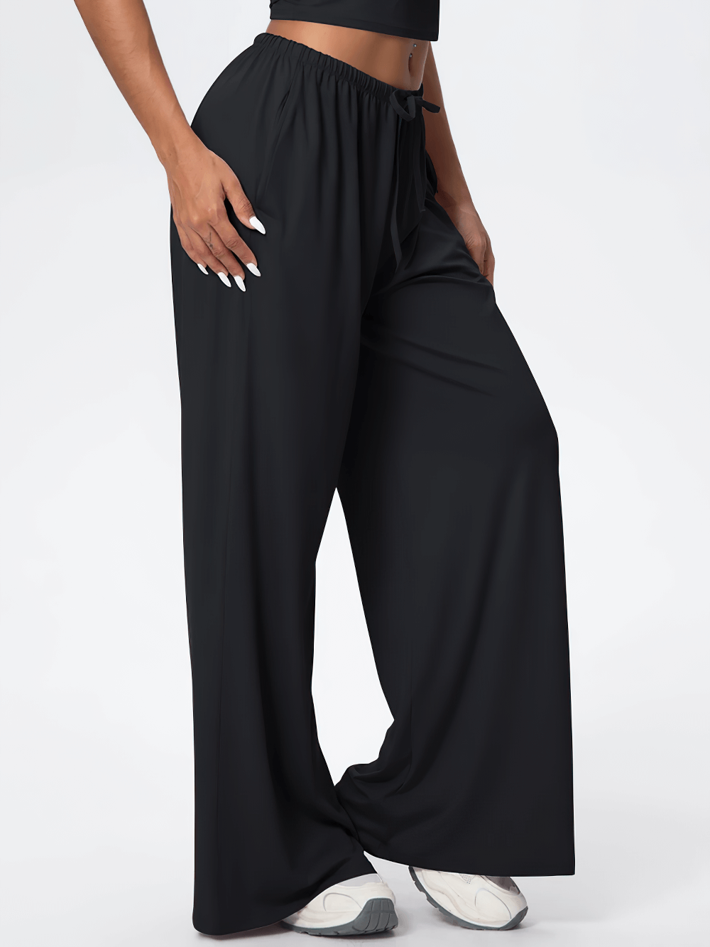 Alt Tag: Loose Full-Length Running Pants with Drawstring - SF4368 black wide-leg quick-dry yoga pants with pockets and elastic drawstring waist