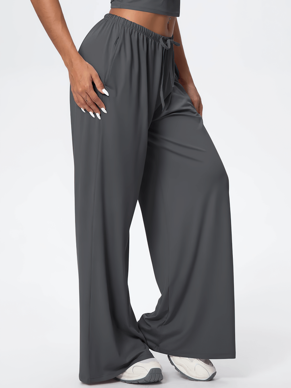 Alt Tag: Loose Full-Length Running Pants with Drawstring - SF4368 quick-dry wide-leg yoga pants with pockets, elastic drawstring waist