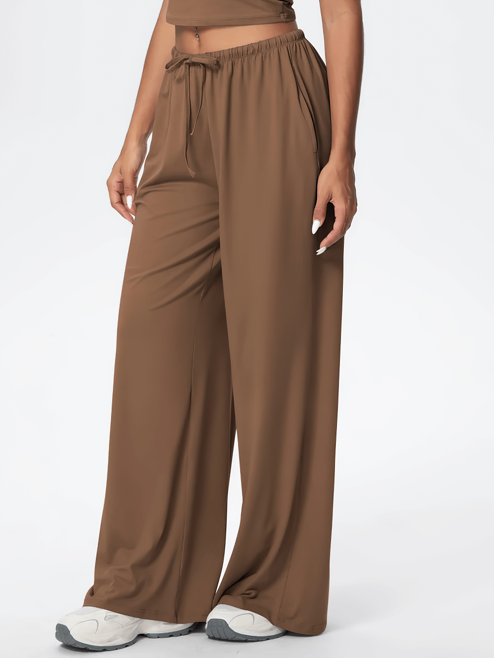 Alt Tag: Loose Full-Length Running Pants with Drawstring - SF4368 quick-dry wide-leg yoga pants with pockets, elastic drawstring waist, full-length loose fit