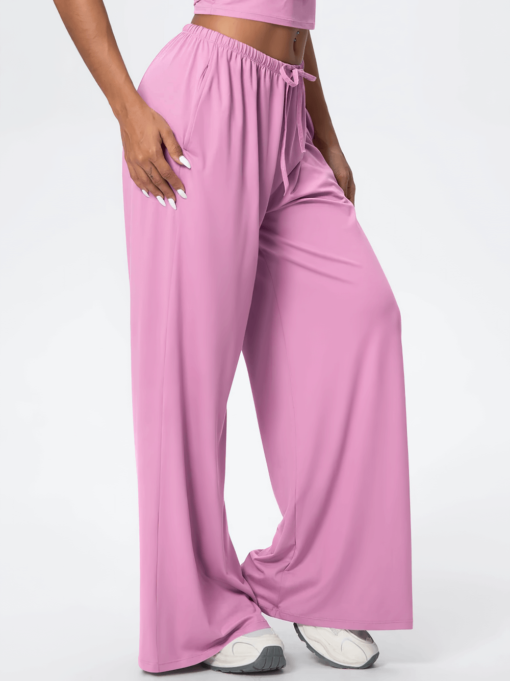 Alt Tag: Loose Full-Length Running Pants with Drawstring - SF4368 pink wide-leg quick-dry yoga pants with pockets and elastic drawstring waist