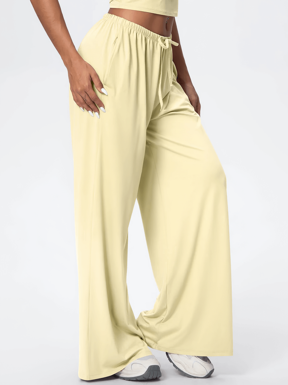 Alt Tag: Loose Full-Length Running Pants with Drawstring - SF4368 quick-dry wide-leg yoga pants with pockets, elastic waist, full length