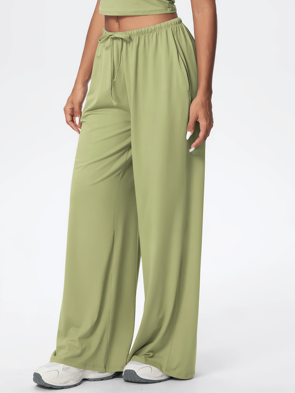 Alt Tag: Loose Full-Length Running Pants with Drawstring - SF4368 quick-dry wide-leg yoga pants with pockets, elastic waist, sage green