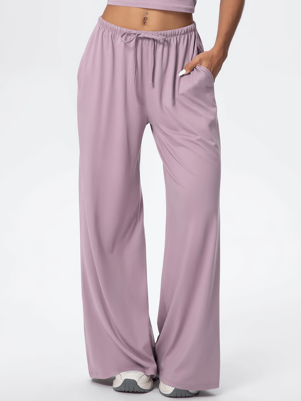 Alt Tag: Loose Full-Length Running Pants with Drawstring - SF4368 quick-dry wide-leg yoga pants with pockets, elastic waist, purple full-length fit