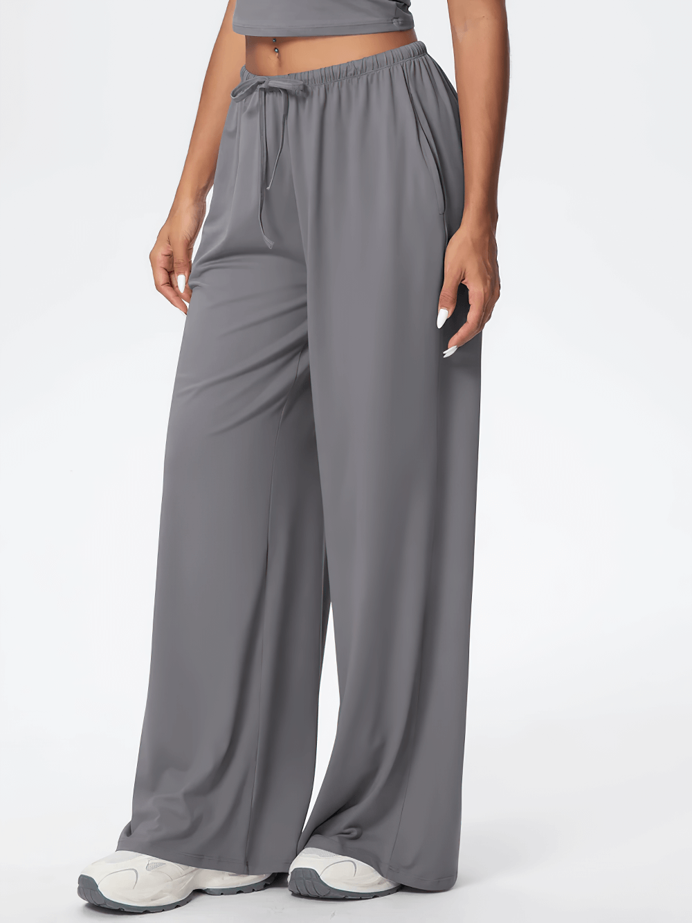 Alt Tag: Loose Full-Length Running Pants with Drawstring - SF4368 quick-dry wide-leg loose yoga pants with pockets, elastic drawstring waist