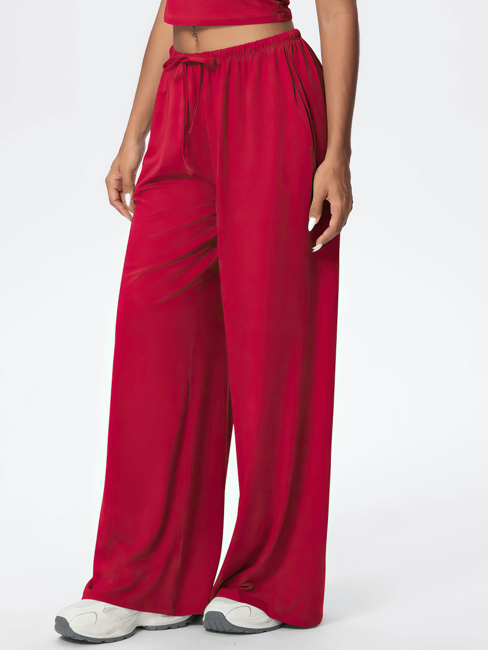 Alt Tag: Loose Full-Length Running Pants with Drawstring - SF4368 quick-dry wide-leg yoga pants with pockets, elastic drawstring waist