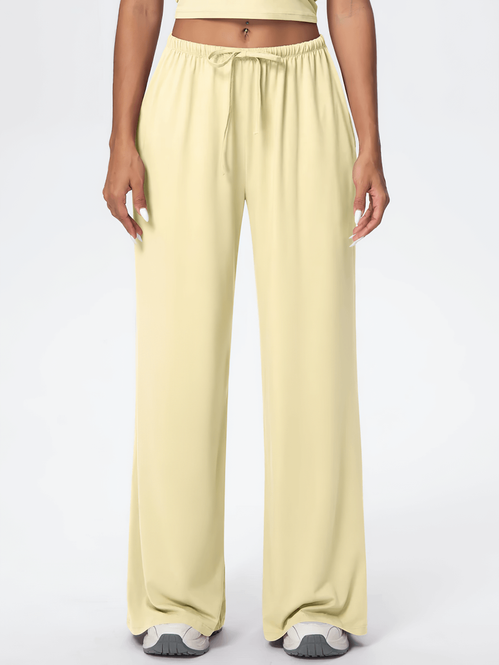 Alt Tag: Loose Full-Length Running Pants with Drawstring - SF4368 quick-dry wide-leg yoga pants with pockets and elastic drawstring waist