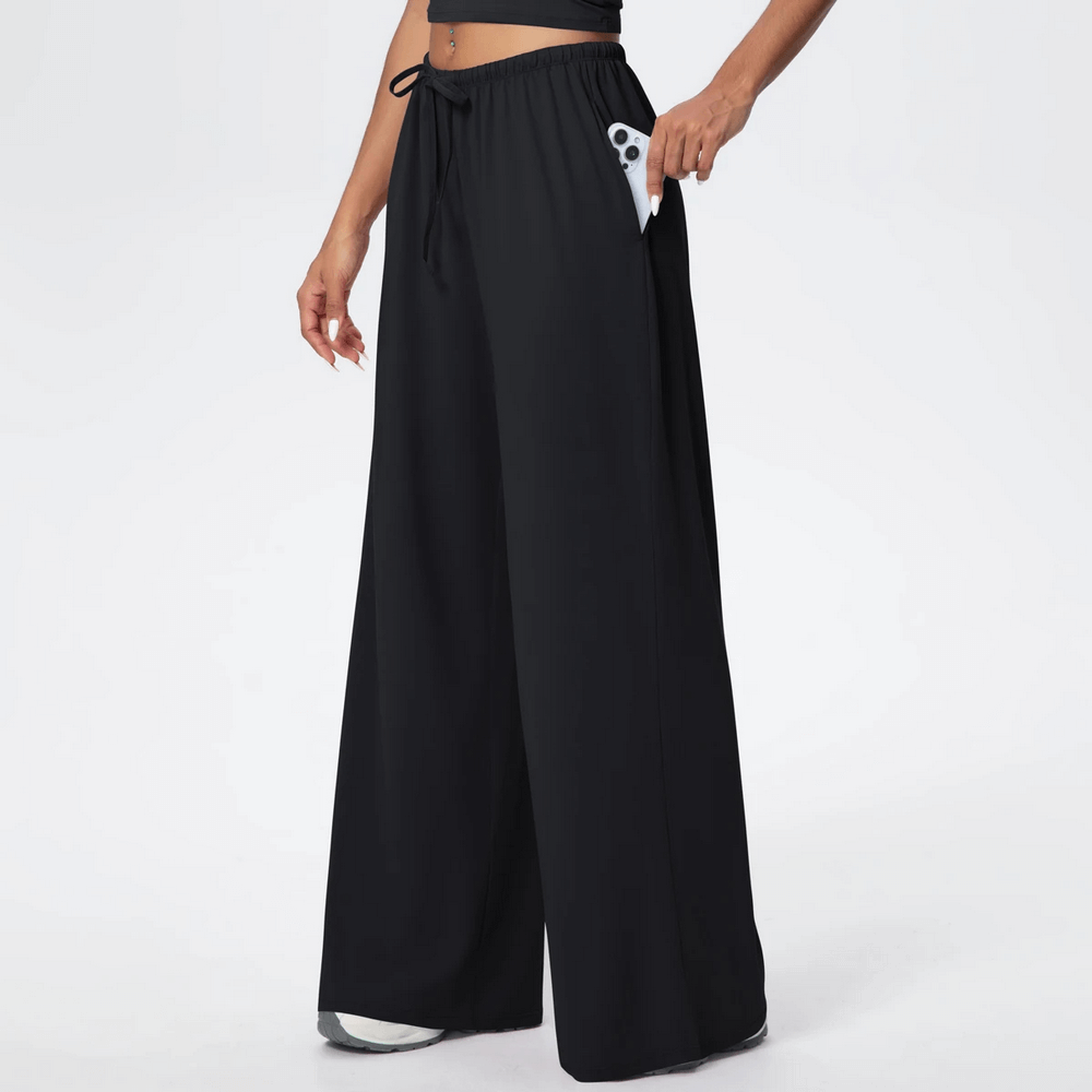 Alt Tag: Loose Full-Length Running Pants with Drawstring - SF4368 quick-dry wide leg yoga pants with pockets, elastic drawstring waist, full length