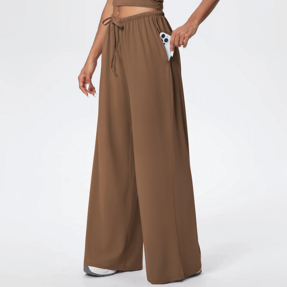 Alt Tag: Loose Full-Length Running Pants with Drawstring - SF4368 wide-leg quick-dry yoga pants with pockets, elastic waist drawstring, full length