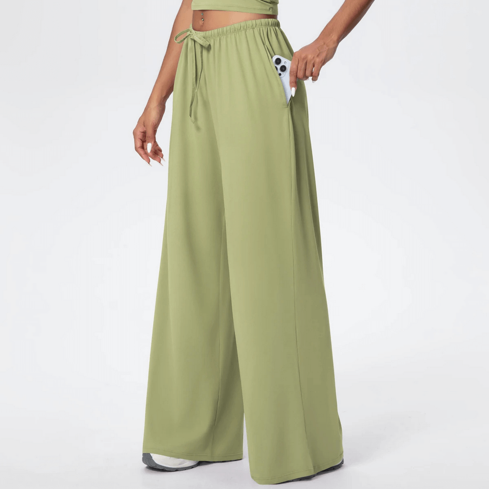 Alt Tag: Loose Full-Length Running Pants with Drawstring - SF4368 quick-dry wide-leg yoga pants with pockets, elastic drawstring waist, full-length