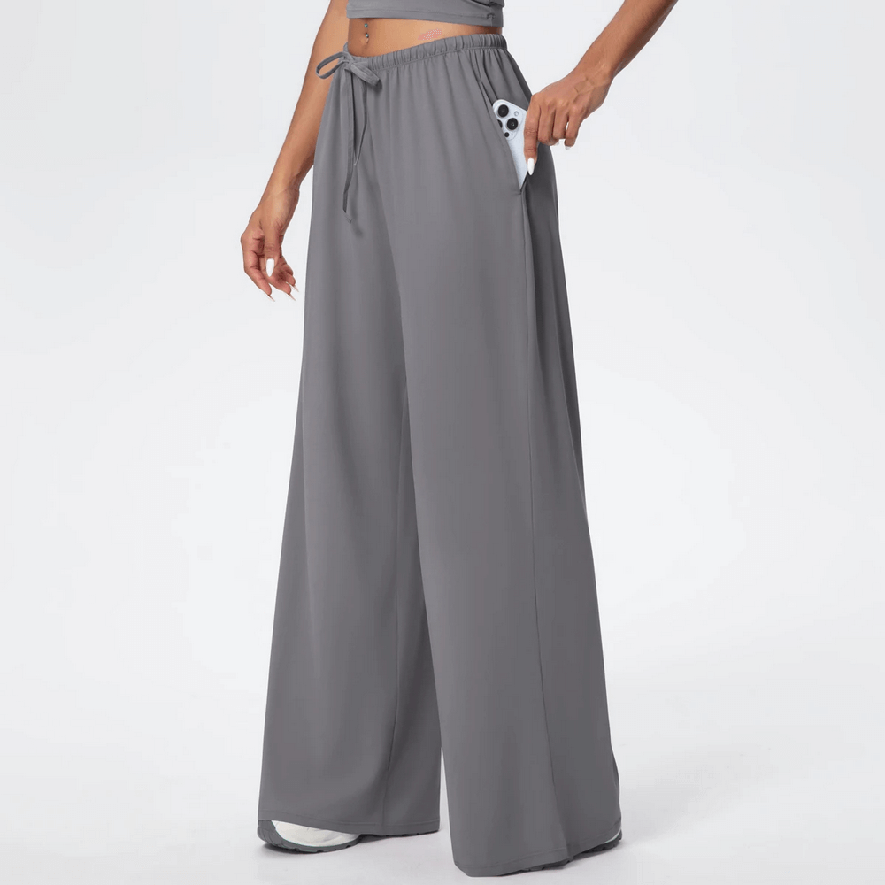 Loose Full-Length Running Pants with Drawstring - SF4368 gray wide-leg quick-dry yoga pants with pockets, elastic waist tie, full length