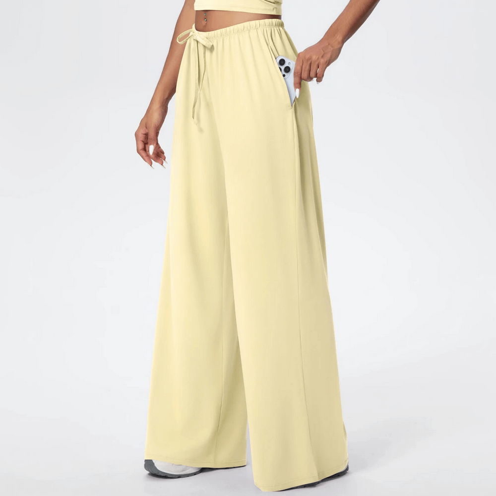 Alt Tag: Loose Full-Length Running Pants with Drawstring - SF4368, quick-dry wide-leg yoga pants with pockets and elastic drawstring waist