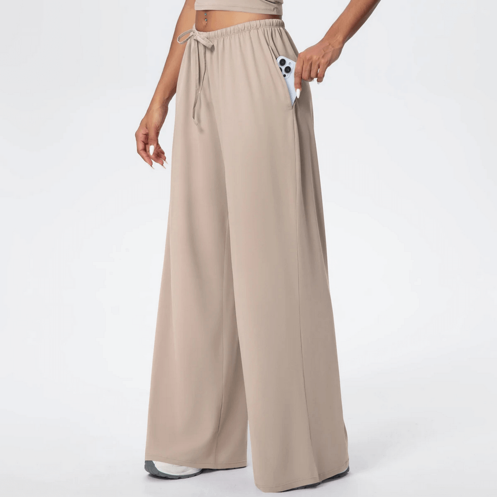 Alt Tag: Loose Full-Length Running Pants with Drawstring - SF4368 wide-leg quick-dry yoga pants with pockets and elastic drawstring waist