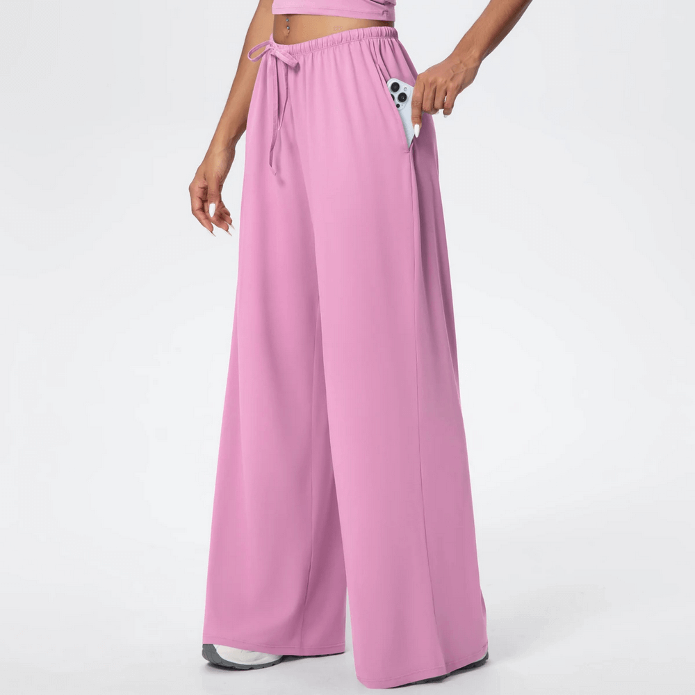 Alt Tag: Loose Full-Length Running Pants with Drawstring - SF4368 pink wide-leg quick-dry yoga pants with pockets and elastic drawstring waist