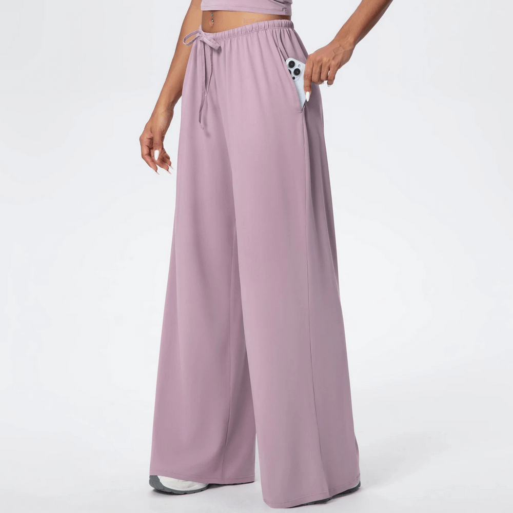 Alt Tag: Loose Full-Length Running Pants with Drawstring - SF4368 mauve wide-leg quick-dry yoga pants with pockets, elastic waist drawstring