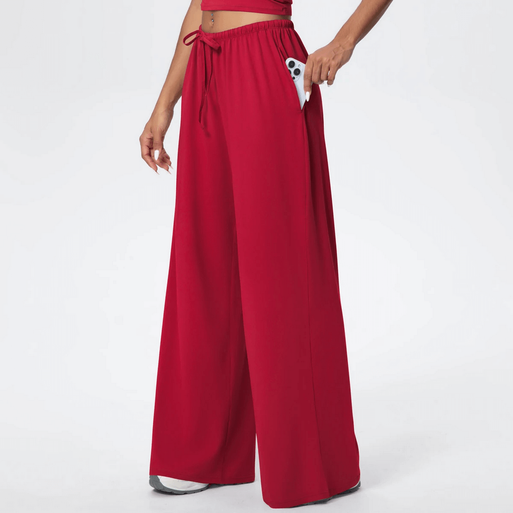 Alt Tag: Loose Full-Length Running Pants with Drawstring - SF4368 quick-dry wide-leg yoga pants with pockets, elastic drawstring waist