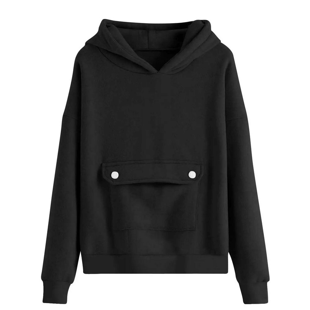 Loose Hoodie with Button Pocket and Long Sleeves - SF3879 for kids featuring front button pocket, black color, perfect for casual wear.