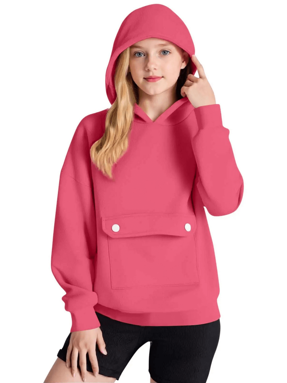 Child wearing Loose Hoodie with Button Pocket and Long Sleeves - SF3879 in pink, perfect for casual wear with front button pocket.