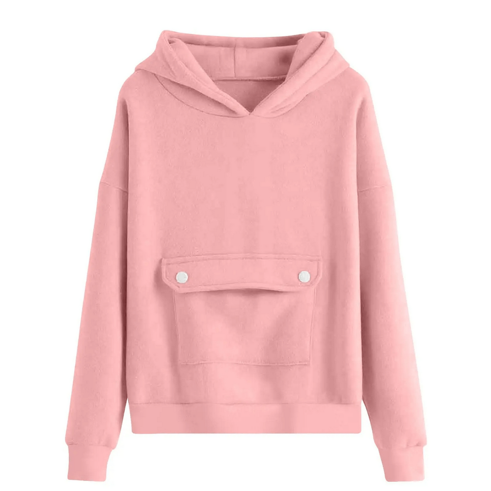 Kids Loose Hoodie with Button Pocket and Long Sleeves - SF3879 in soft pink, front view showing button pocket and hooded design.