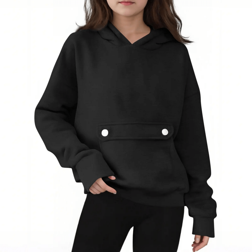 Loose Hoodie with Button Pocket and Long Sleeves - SF3879, black kids' casual hooded sweatshirt with long sleeves and front button pocket.