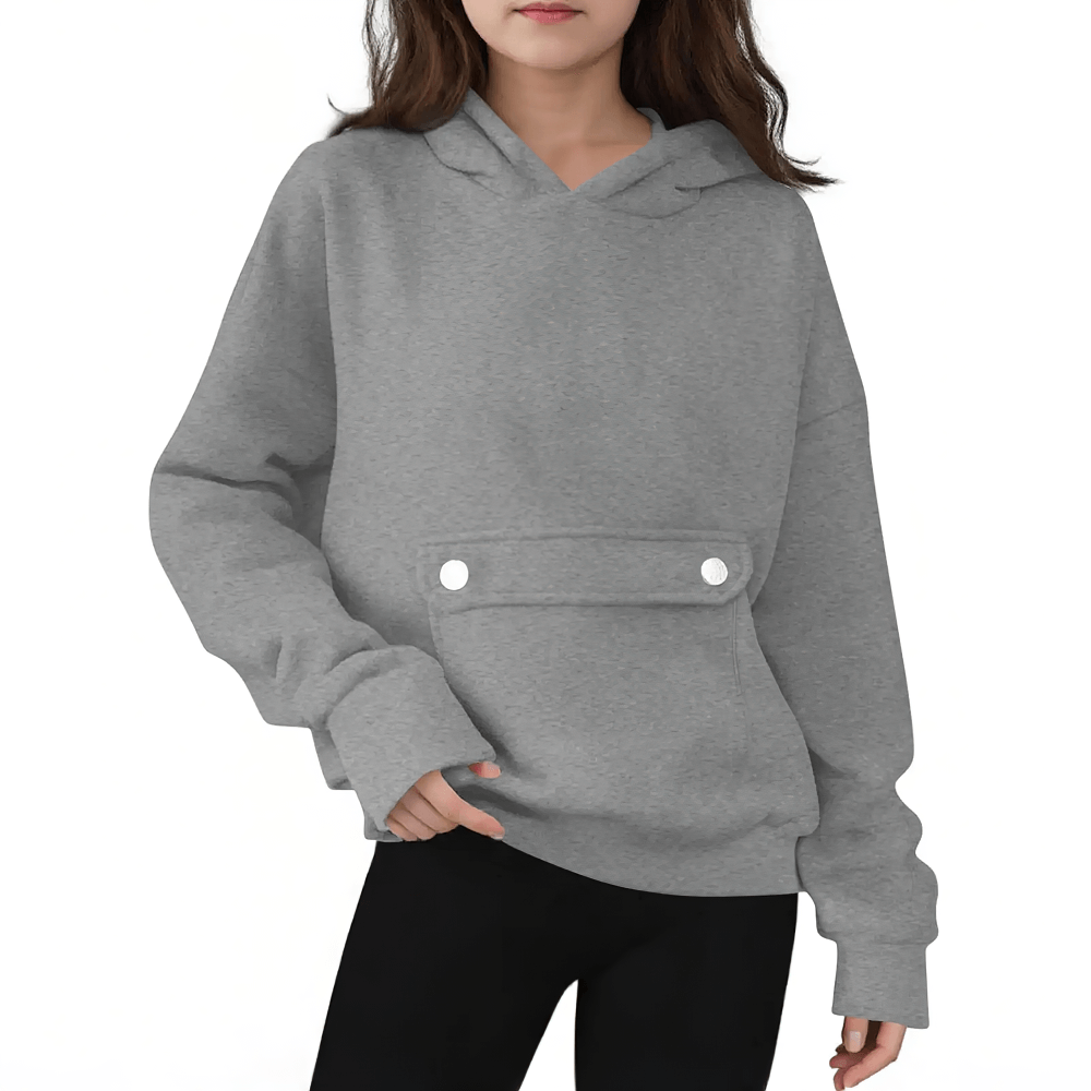 Loose Hoodie with Button Pocket and Long Sleeves - SF3879 in grey for kids, featuring a soft hood and front button pocket for casual wear.