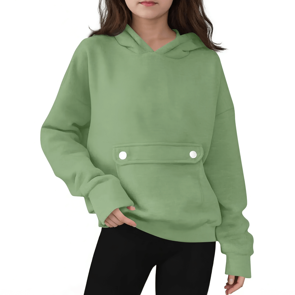 Loose Hoodie with Button Pocket and Long Sleeves - SF3879, green kids' casual hooded sweatshirt with front button pocket and relaxed fit.