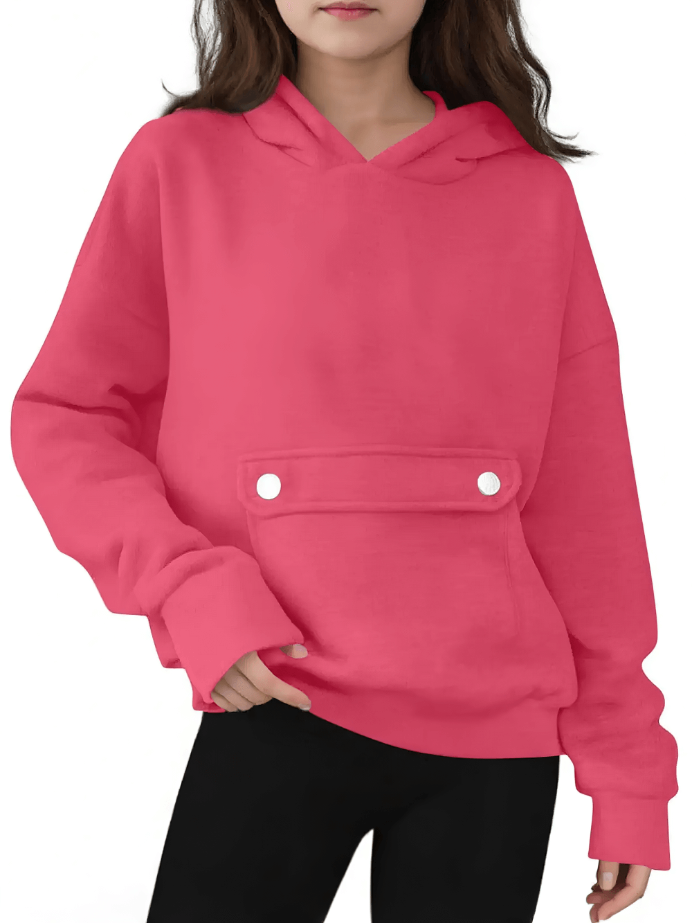 Loose Hoodie with Button Pocket and Long Sleeves - SF3879 in pink for kids, featuring a front button pocket and soft hood for daily wear.