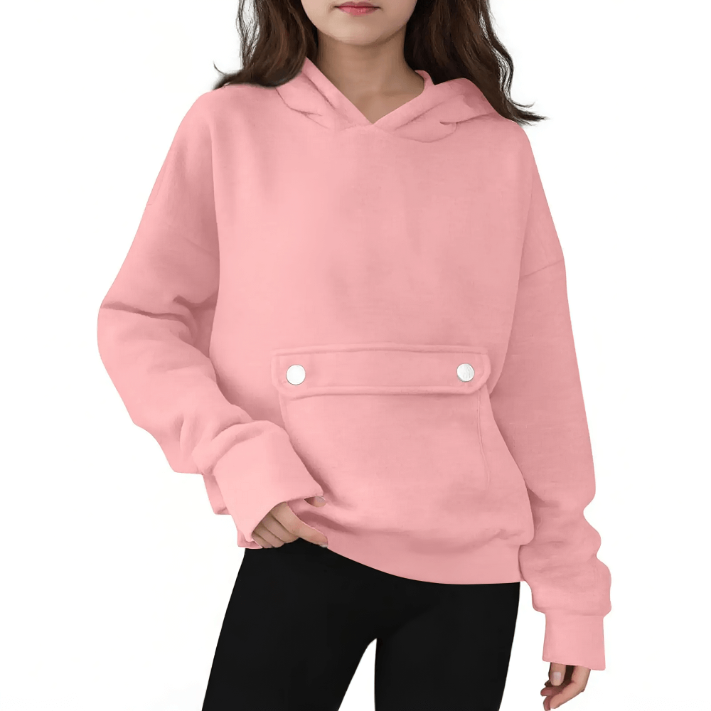 Loose Hoodie with Button Pocket and Long Sleeves - SF3879 for kids features a pink casual hooded sweatshirt with button pocket.