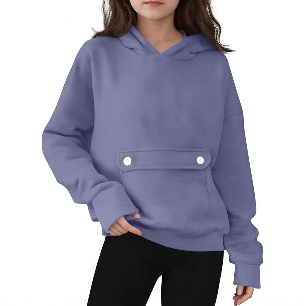 Loose Hoodie with Button Pocket and Long Sleeves - SF3879 in purple, ideal for kids' casual wear. Features front button pocket and relaxed fit.