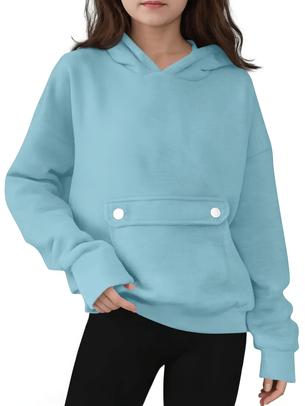 Girl wearing Loose Hoodie with Button Pocket and Long Sleeves - SF3879, perfect for casual wear and daily activities.