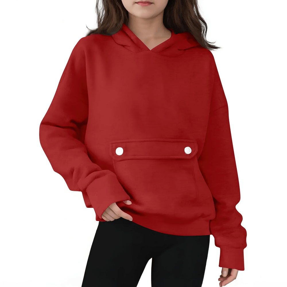 Loose Hoodie with Button Pocket and Long Sleeves - SF3879: Kids' red casual hooded sweatshirt with front button pocket and relaxed fit.