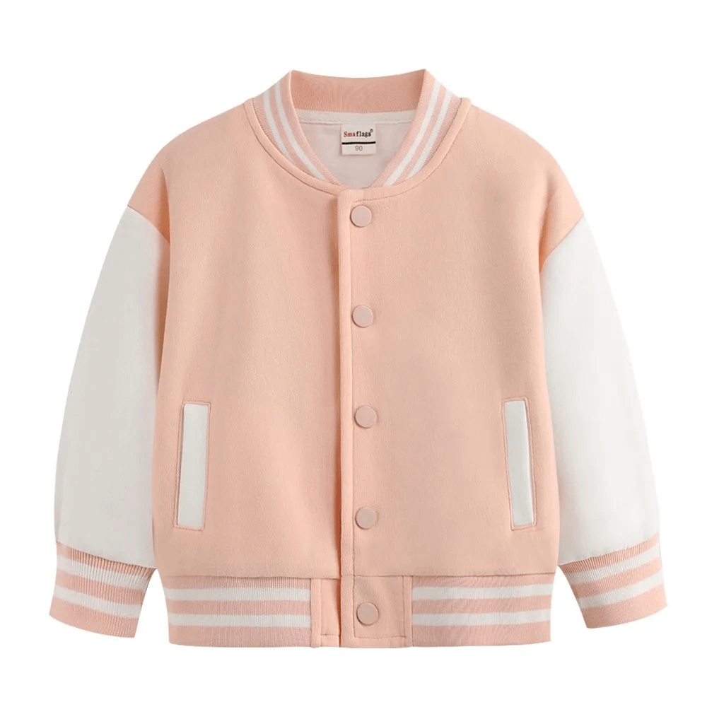 Loose kids' baseball jacket in pink with white sleeves, snap buttons, and striped cuffs. Perfect cotton varsity style for girls and boys.