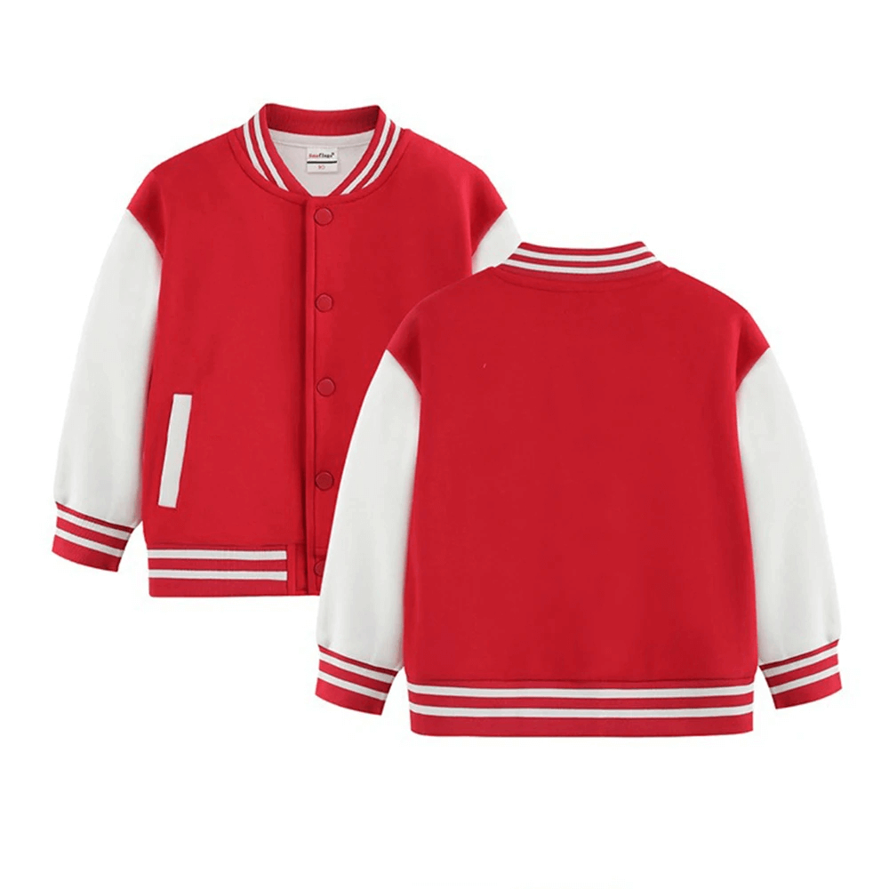 Red kids cotton varsity jacket with white sleeves and snap buttons, ideal for boys and girls, perfect for cool weather outings.