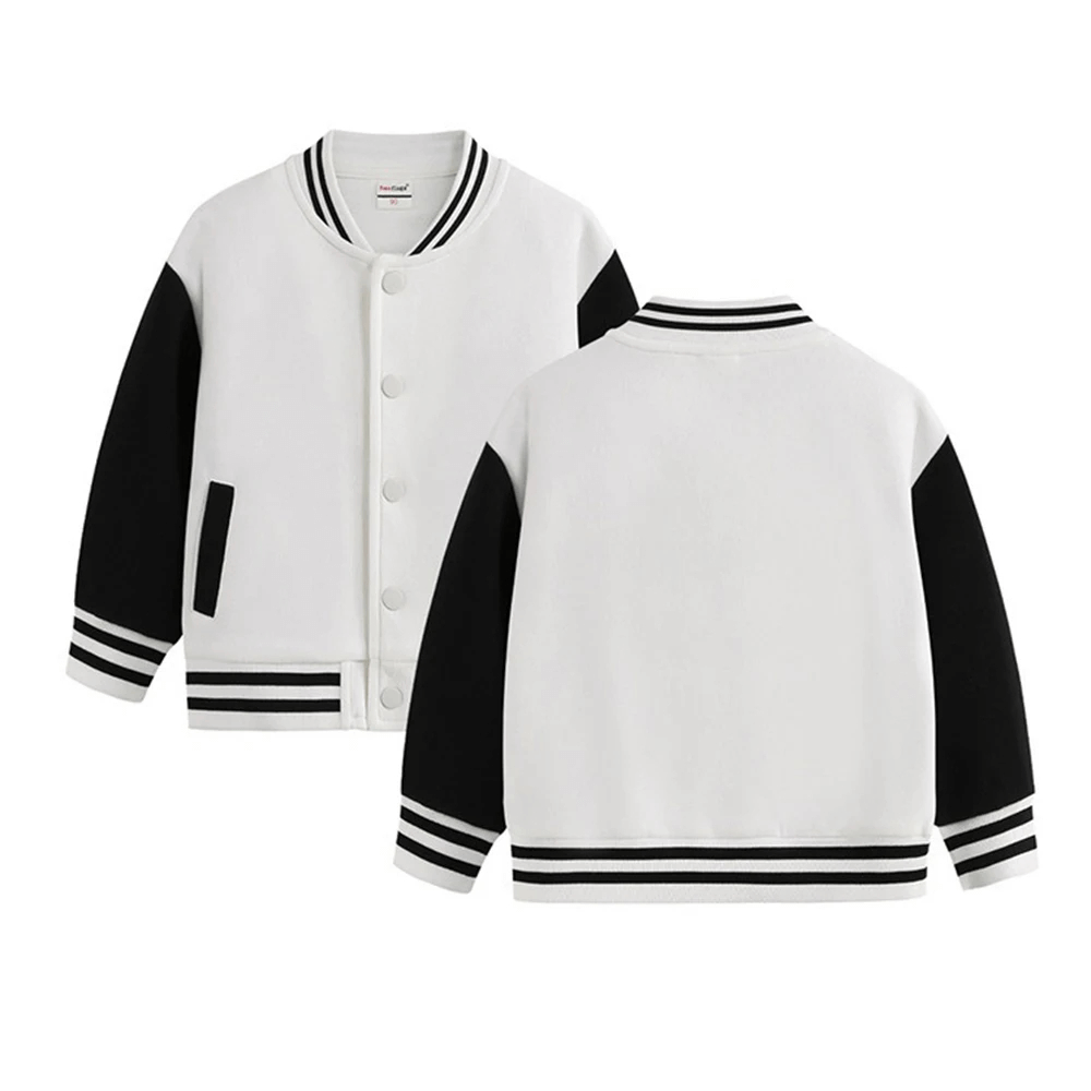 Kids Varsity Baseball Jacket with Snap Buttons, White and Black, Cotton, Ribbed Stripes