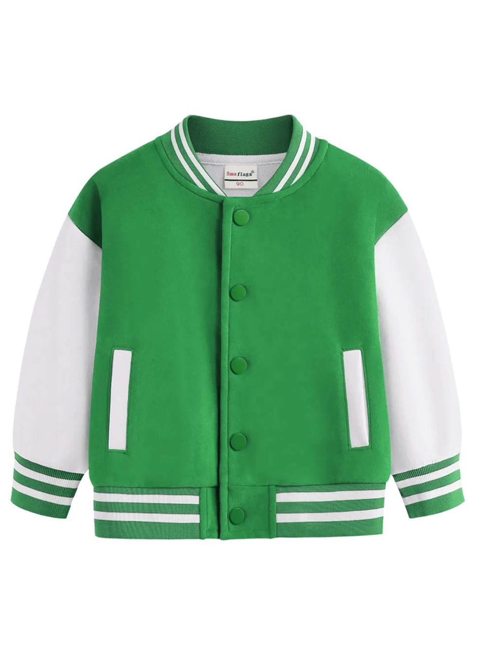 Green kids baseball jacket with white sleeves, ribbed cuffs, and snap buttons; perfect for casual wear and playtime.