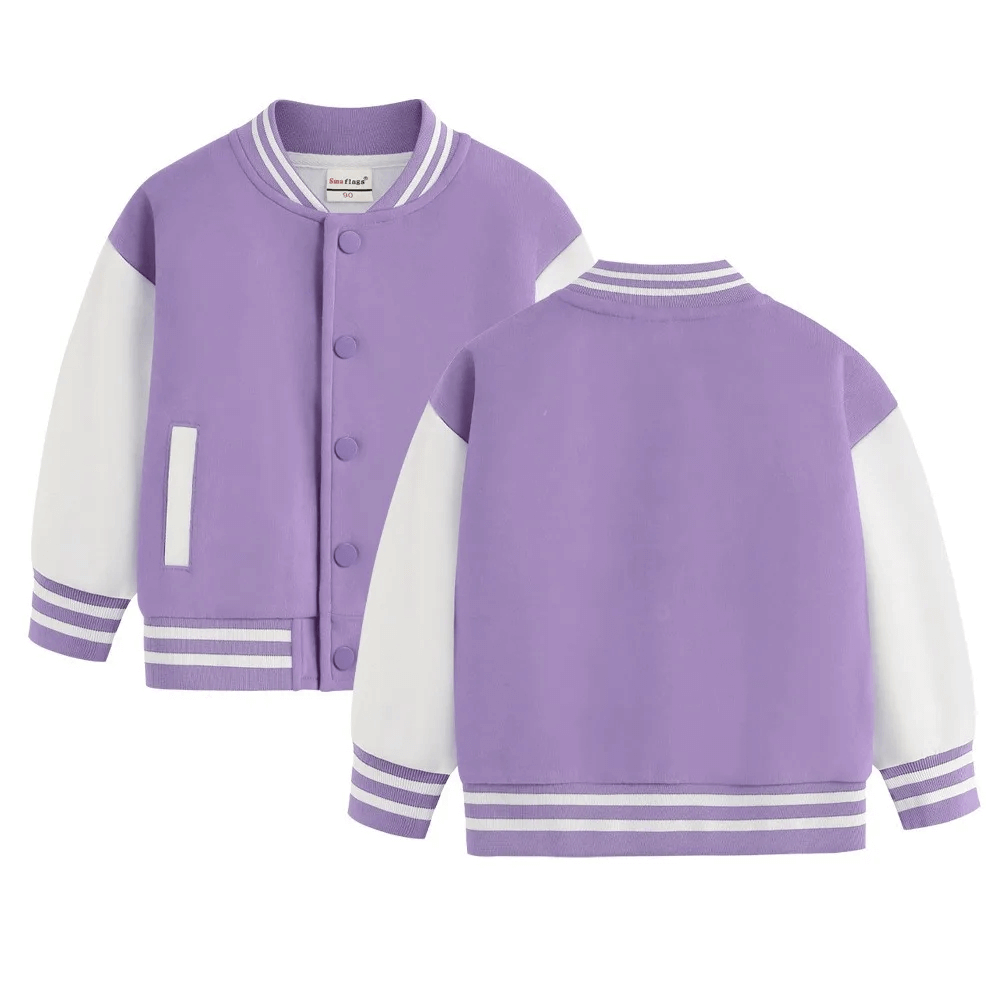 Kids purple varsity jacket with white sleeves, snap buttons, and striped ribbed cuffs.