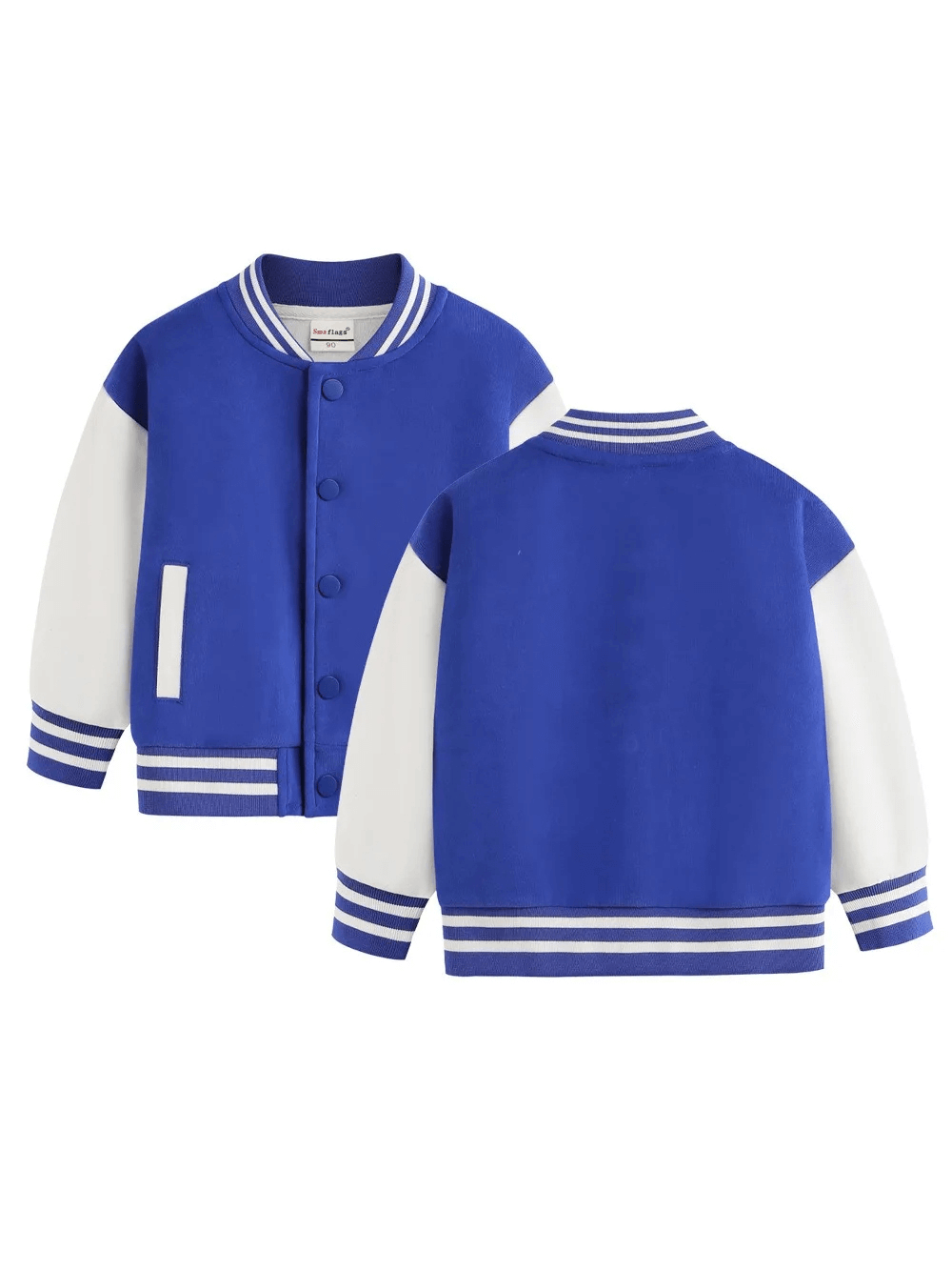 Kids blue varsity jacket with white sleeves, snap buttons, and striped cuffs. Cotton fabric perfect for spring and autumn layering.